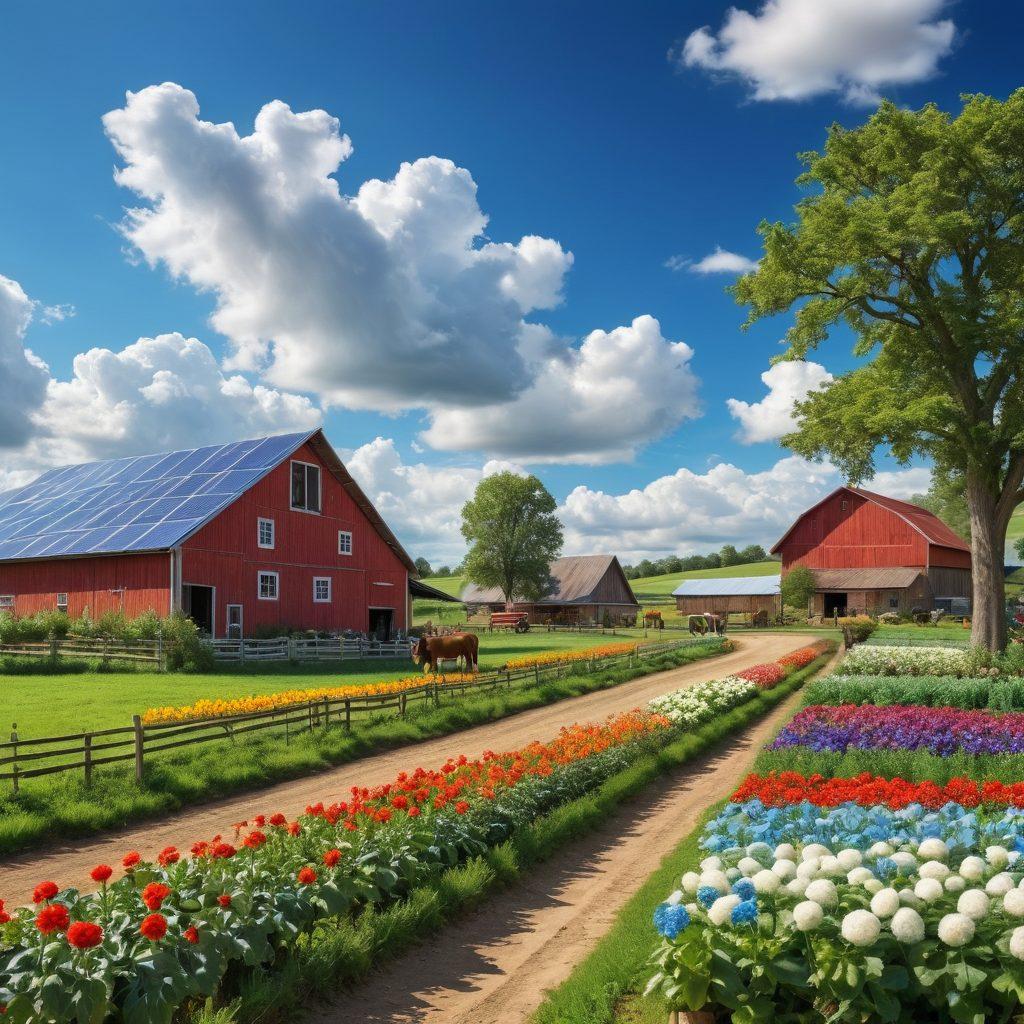 A picturesque rural landscape showcasing a thriving farm with lush green fields, solar panels on a barn, and a vibrant garden filled with diverse vegetables and flowers. Include a farmer tending to crops with farm animals roaming peacefully nearby, and a blue sky with fluffy clouds overhead. Emphasize harmony between nature and sustainable farming practices. super-realistic. vibrant colors. 3D.