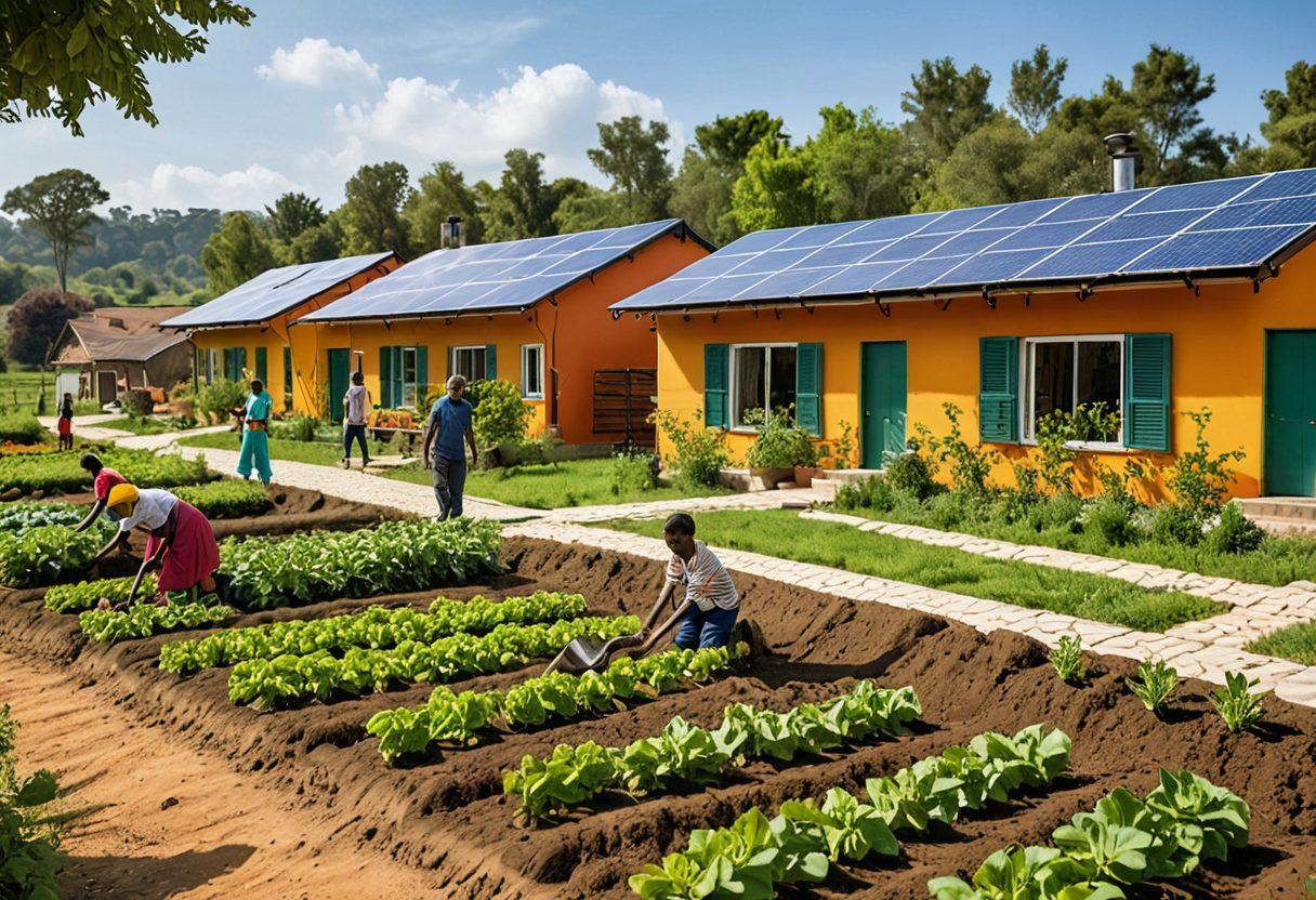 A picturesque rural landscape showcasing a vibrant community engaged in sustainable living practices. Include farmers planting organic crops, children playing in a lush green field, and solar panels on rooftops. Depict a harmonious blend of nature with eco-friendly homes in the background, symbolizing unity. Evoke feelings of joy and cooperation among diverse families. painting. vibrant colors. serene atmosphere.
